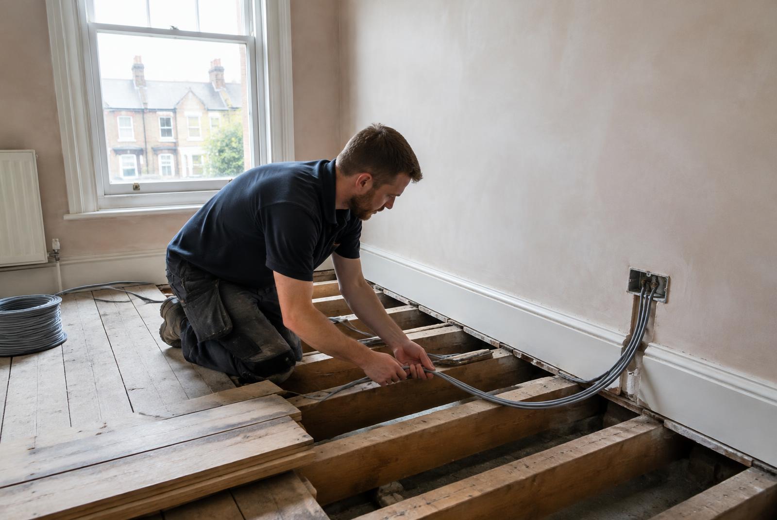 Electrician rewiring a British house beneath lifted floorboards